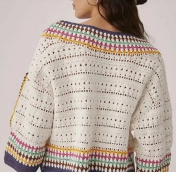 Maeve Crochet Cardigan Open Knit Granny 3/4 Sleeve Draped Colorful Sweater OS - Picture 3 of 9
